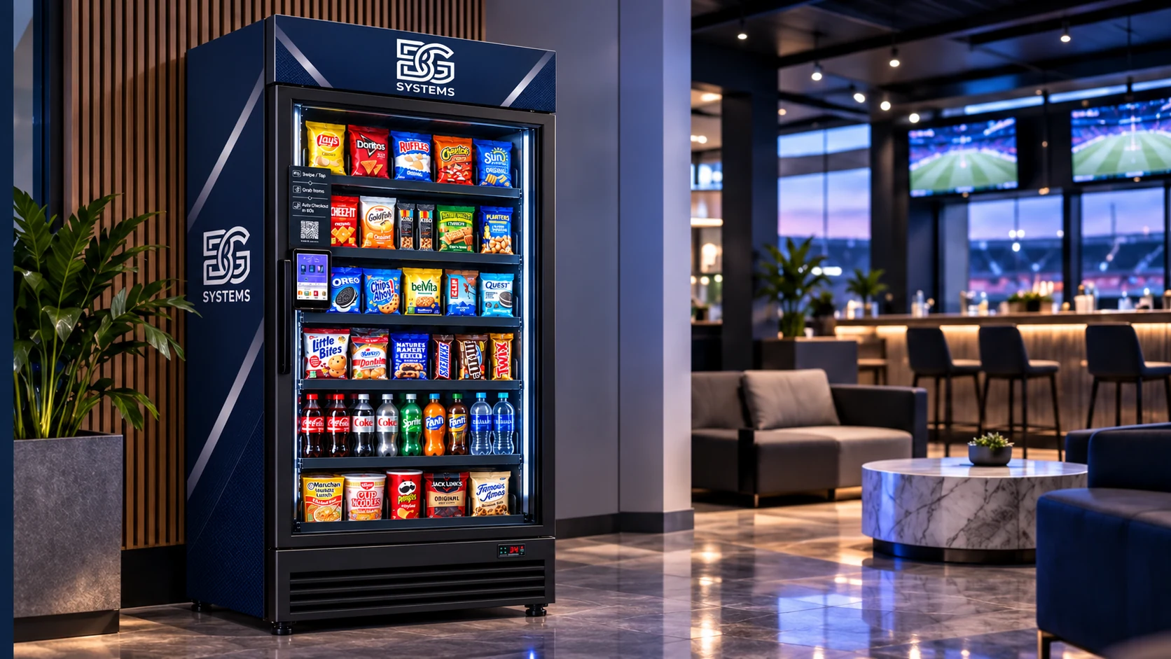 Modern snack and beverage vending machine in an upscale sports lounge